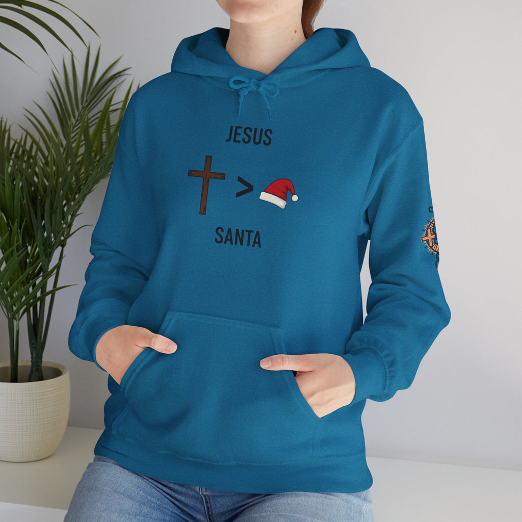 🎄 Jesus > Santa – Minimalist Christian Christmas Hoodie | Bold Faith Over Holiday Tee | Cross vs Santa Hat Design | Uplifted Gear Printify