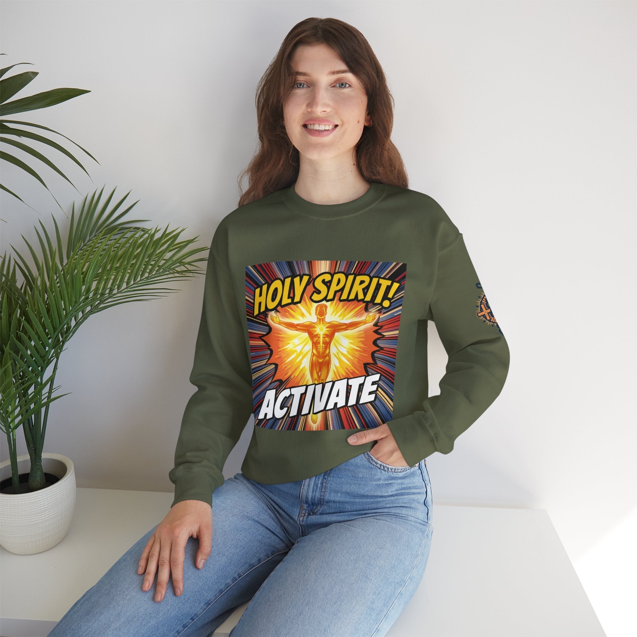 Holy Spirit Activate Sweatshirt – Superhero Christian Sweatshirt with Vibrant Power-Up Design for Faith-Fueled Boldness Printify