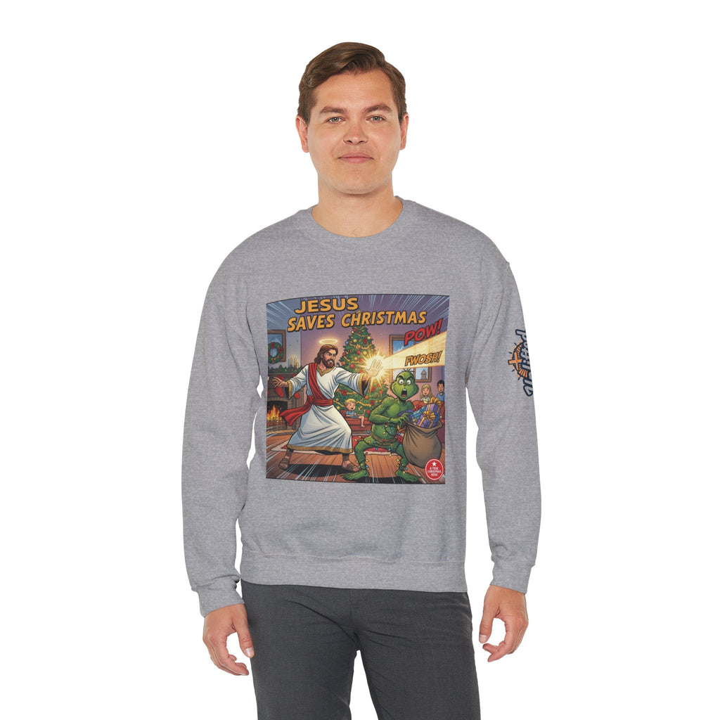 Jesus Saves Christmas Sweatshirt – Grinch vs Savior Light Battle Christian Sweatshirt for Hilarious Holiday Faith & True Joy Printify