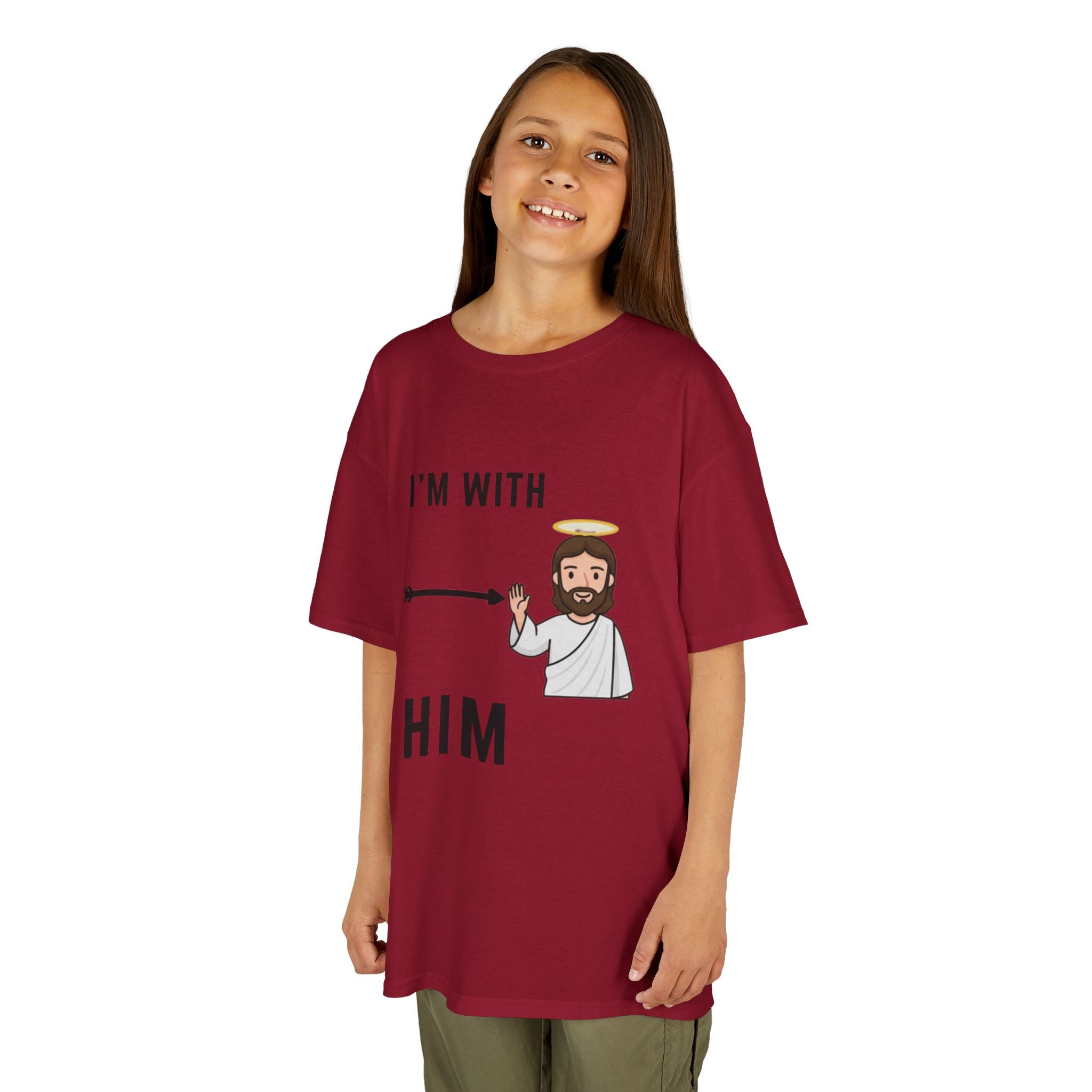 🔥 I’m With Him → Christian Kids T-Shirt | Arrow Pointing to Jesus | Minimalist Faith Tee | Subtle Cross Design | Bible-Inspired Apparel by Uplifted Gear Printify