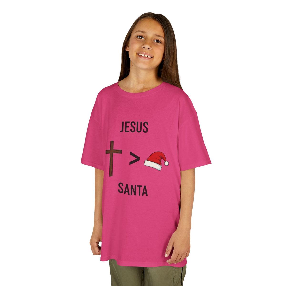 🎄 Jesus > Santa – Minimalist Christian Christmas Kids T-Shirt | Bold Faith Over Holiday Tee | Cross vs Santa Hat Design | Uplifted Gear Printify