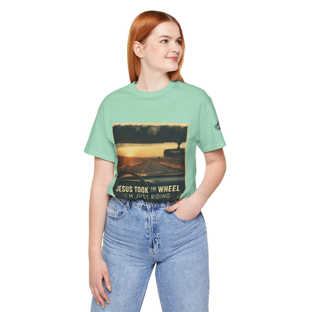 Jesus Took the Wheel I'm Just Riding T-shirt – Funny Christian Convertible Car T-shirt for Surrendered Faith & Humor Printify
