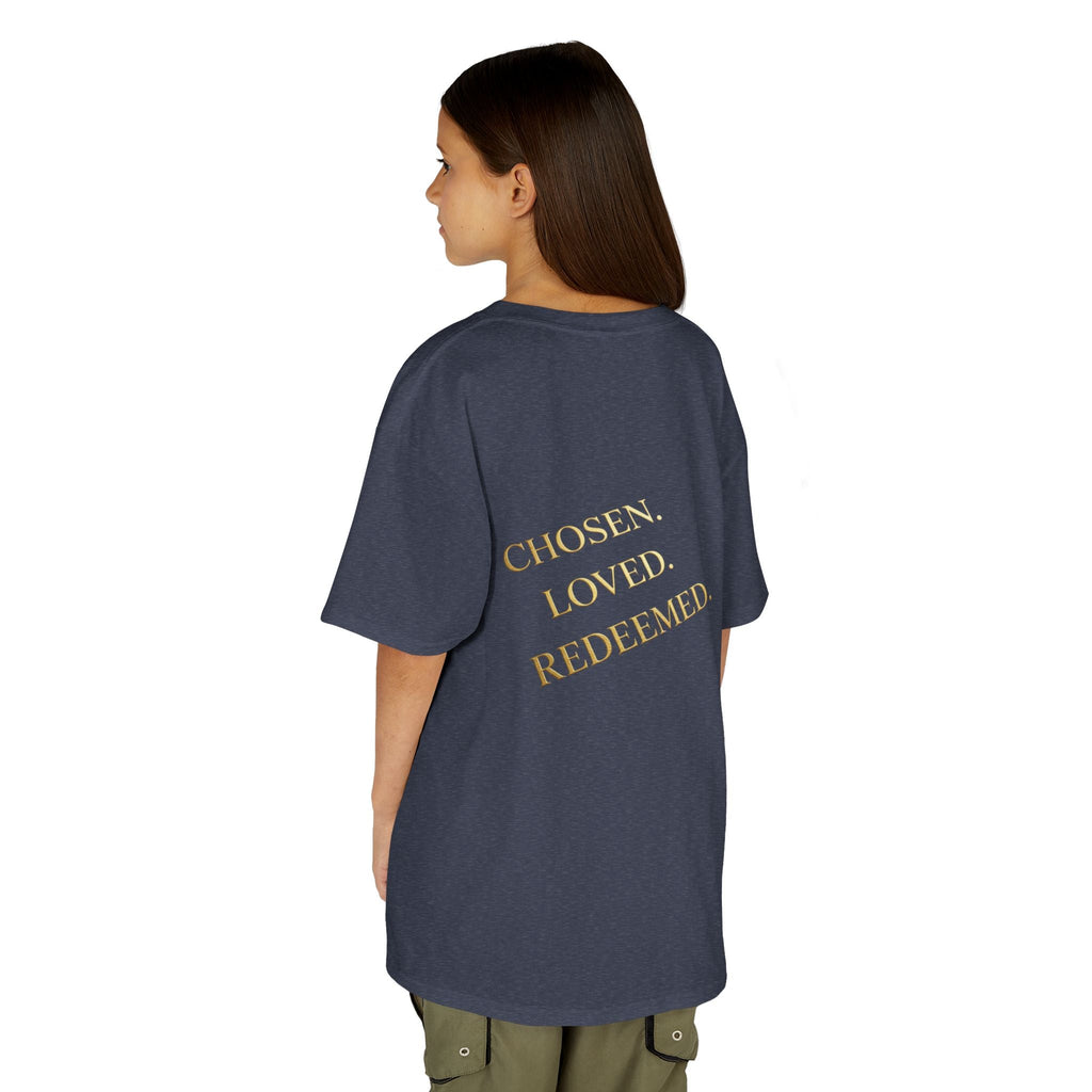 ✨ Chosen. Loved. Redeemed. – Elegant Christian Kids T-Shirt | Gold Foil Faith Tee | Subtle Cross & Heart Design | Inspirational Bible Verse Apparel by Uplifted Gear Printify