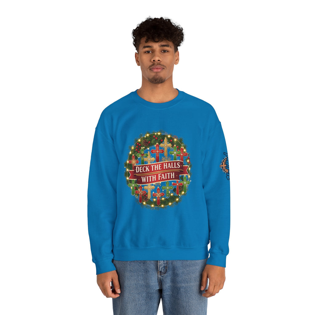 🎄 Deck the Halls with Faith – Christian Christmas Sweatshirt | Cross Ornament Design & Festive Garland | Bold Holiday Faith Tee by Uplifted Gear Printify