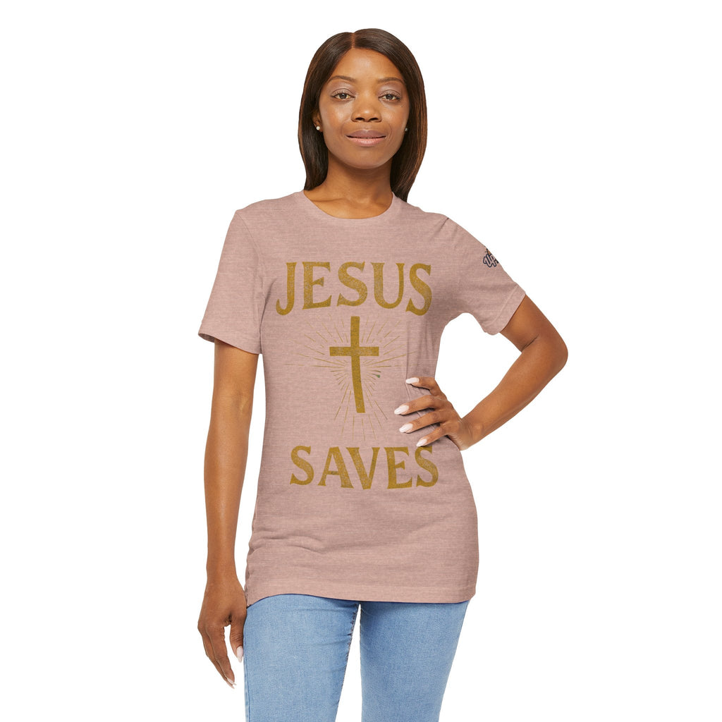 Jesus Saves T-shirt – Radiant Cross & Rays of Light Christian T-shirt for Eternal Hope & Faith Printify