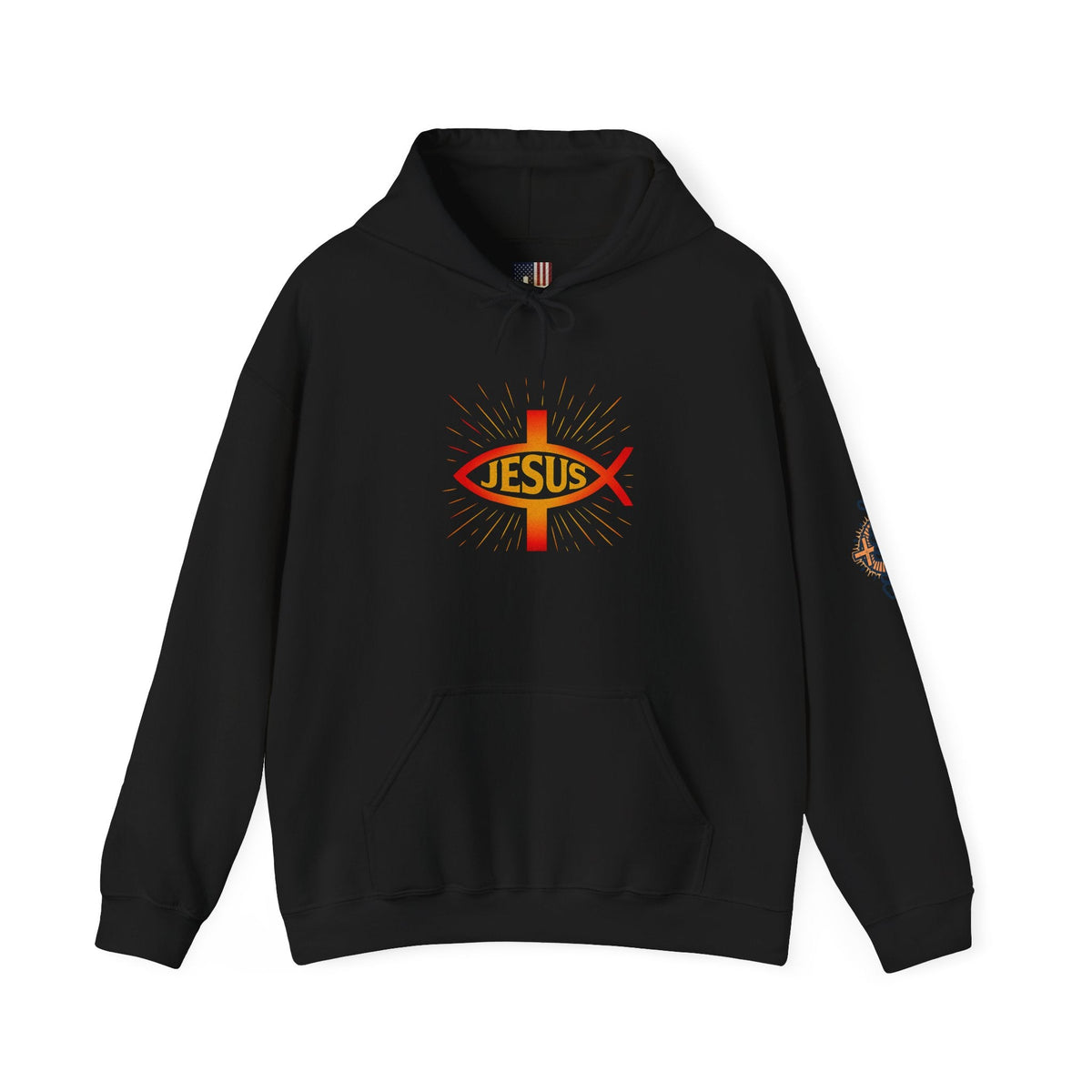 Jesus Ichthys Hoodie – Christian Fish Symbol with Cross & Jesus Inscription Sweatshirt for Eternal Faith & Streetwear Printify