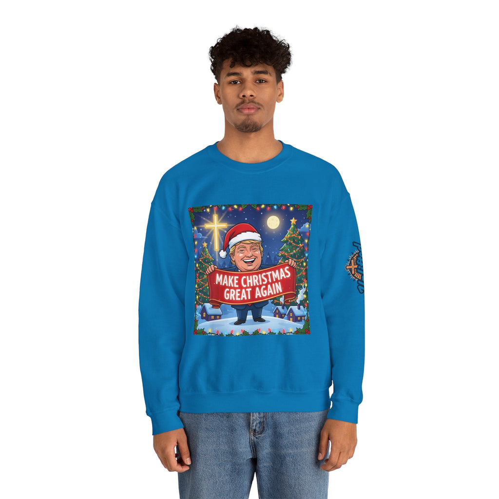 🎄 Make Christmas Great Again – Patriotic Christian Christmas Sweatshirt | Bold Holiday Faith Tee | Red & White Banner Design | Uplifted Gear Printify