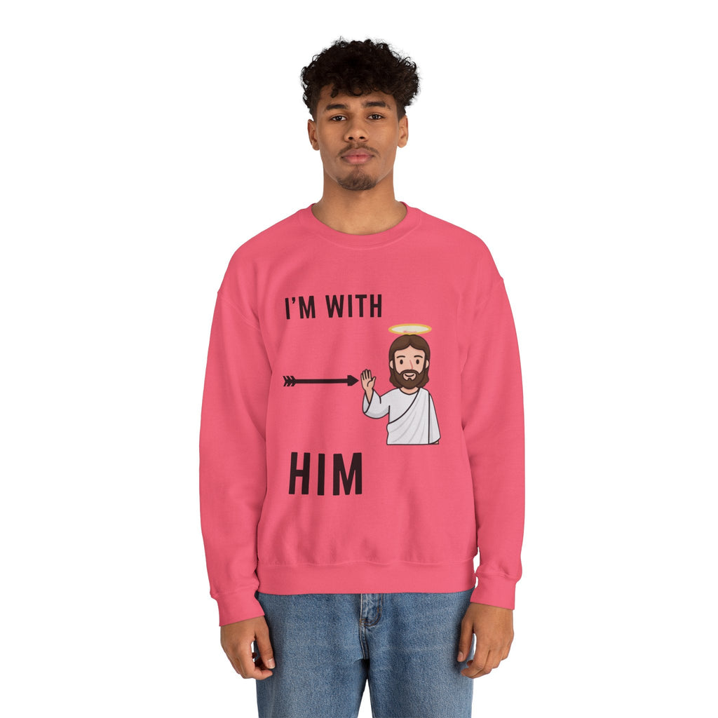 🔥 I’m With Him → Christian Sweatshirt | Arrow Pointing to Jesus | Minimalist Faith Tee | Subtle Cross Design | Bible-Inspired Apparel by Uplifted Gear Printify