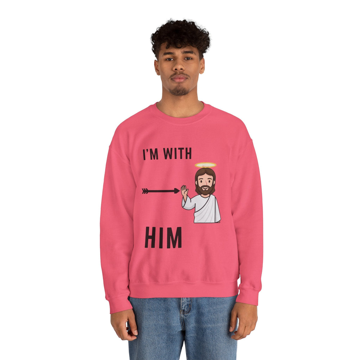 🔥 I’m With Him → Christian Sweatshirt | Arrow Pointing to Jesus | Minimalist Faith Tee | Subtle Cross Design | Bible-Inspired Apparel by Uplifted Gear Printify