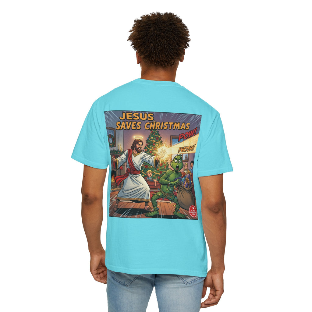 Jesus Saves Christmas T-shirt – Grinch vs Savior Light Battle Christian T-shirt for Hilarious Holiday Faith & True Joy Printify