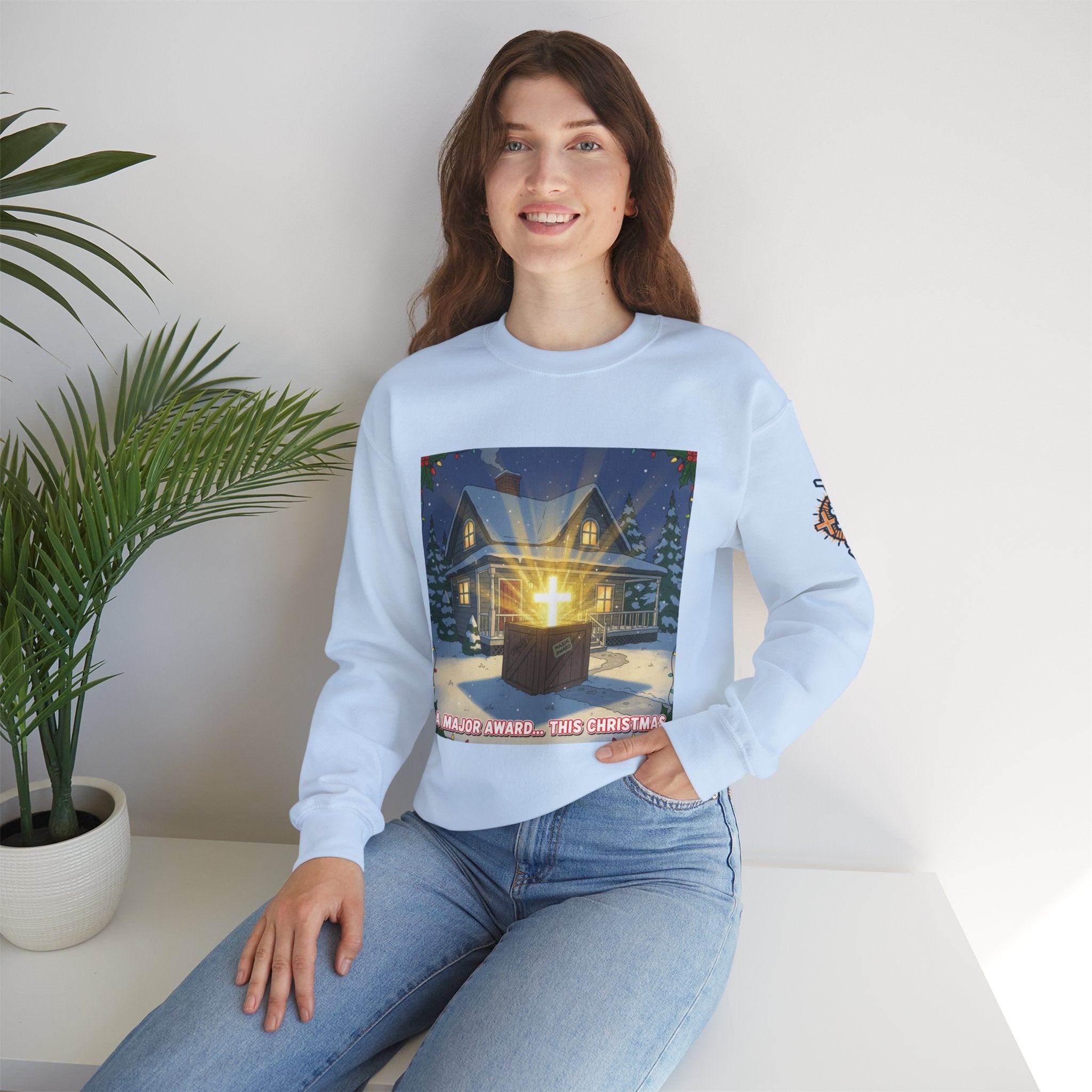 A Major Award This Christmas Sweatshirt – Fragile Leg Lamp Parody Cross Unboxing Christian Sweatshirt for Hilarious Faith & Holiday Glow Printify