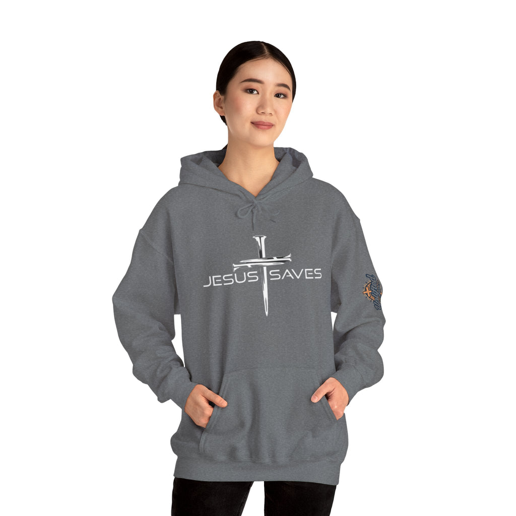 Jesus Saves Hoodie – 3 Nails Crucifix Cross Christian Sweatshirt for Redemption Faith & Bold Salvation Printify