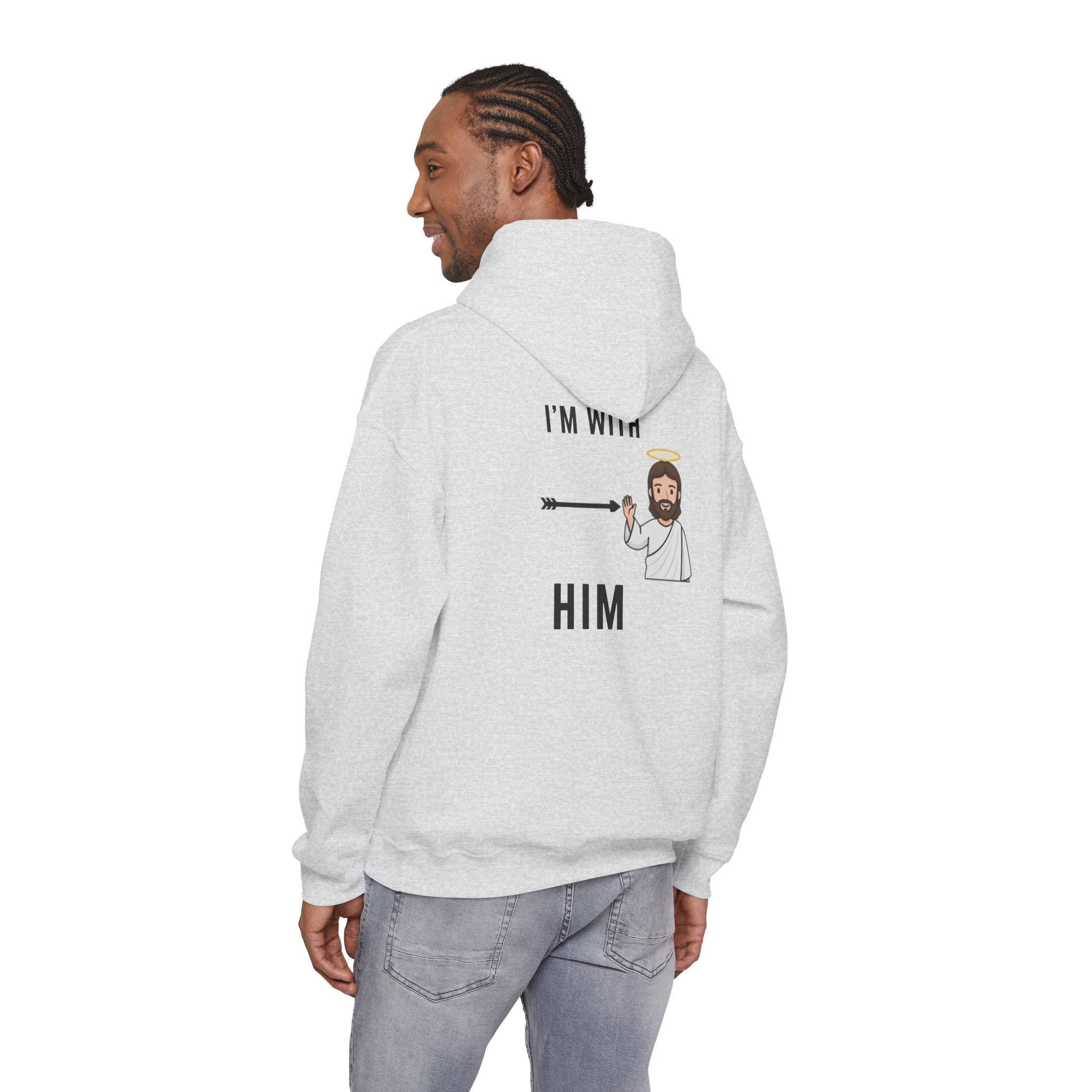 🔥 I’m With Him → Christian Hoodie | Arrow Pointing to Jesus | Minimalist Faith Tee | Subtle Cross Design | Bible-Inspired Apparel by Uplifted Gear Printify