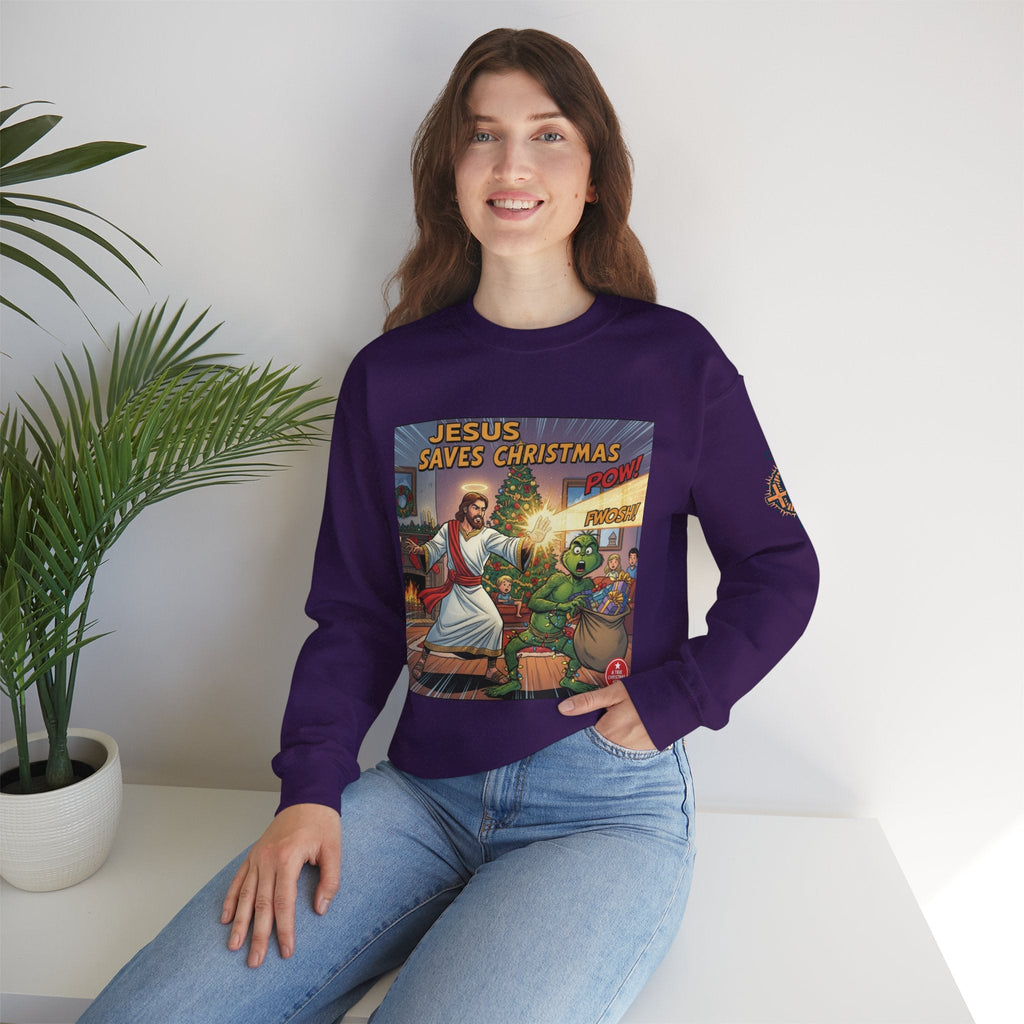 Jesus Saves Christmas Sweatshirt – Grinch vs Savior Light Battle Christian Sweatshirt for Hilarious Holiday Faith & True Joy Printify