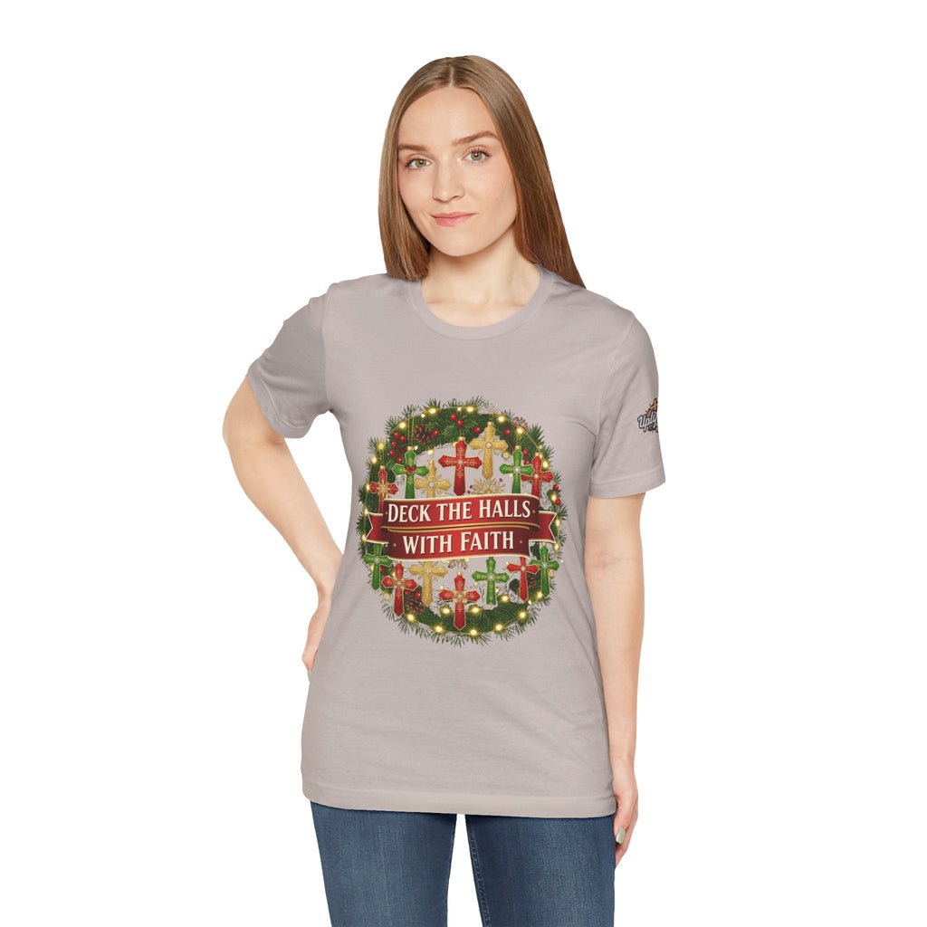 🎄 Deck the Halls with Faith – Christian Christmas T-Shirt | Cross Ornament Design & Festive Garland | Bold Holiday Faith Tee by Uplifted Gear Printify