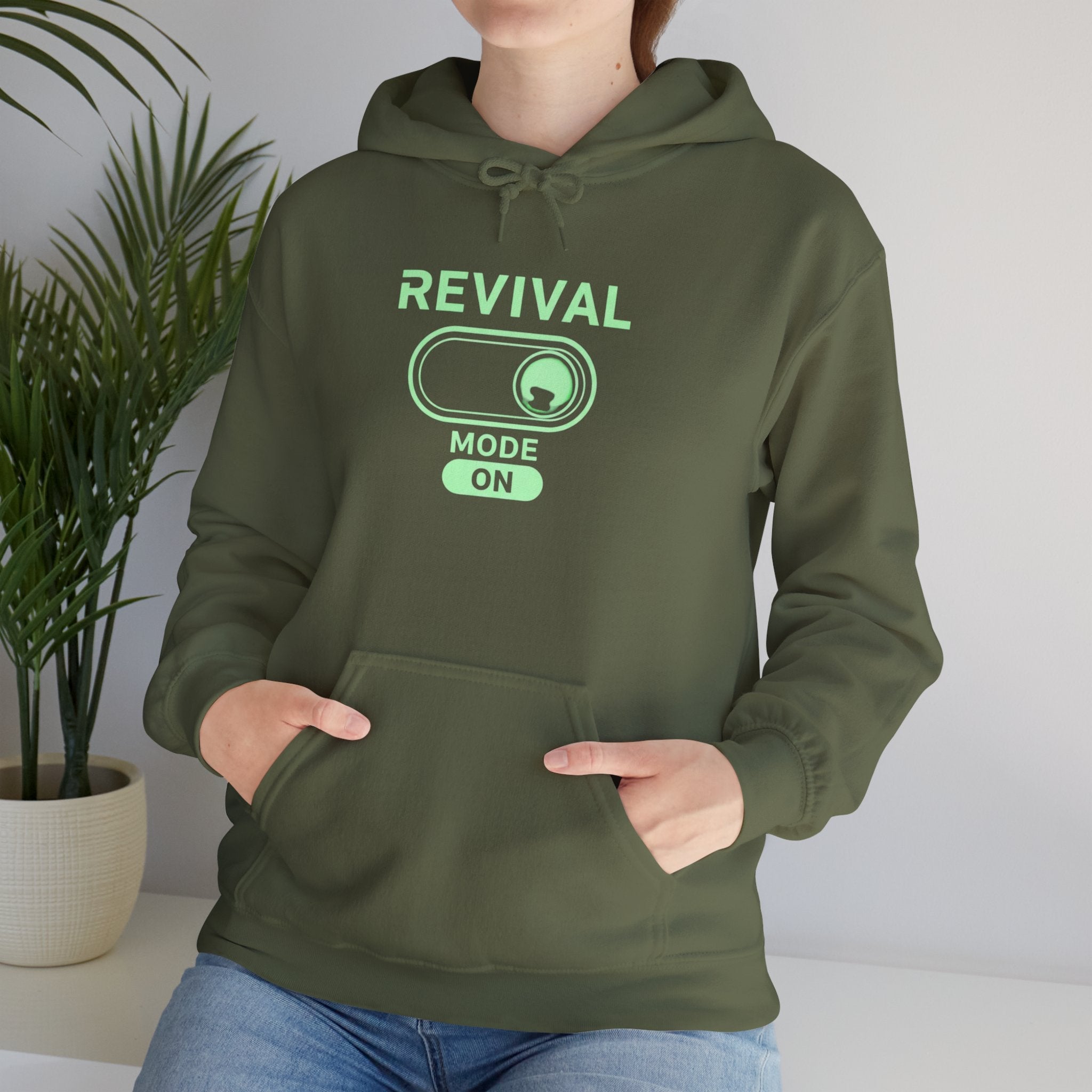 🔥 Revival Mode: ON – Christian Techwear Hoodie | Glowing Green Faith Switch | Futuristic Jesus Shirt | Activate Your Spiritual Awakening | Uplifted Gear Printify
