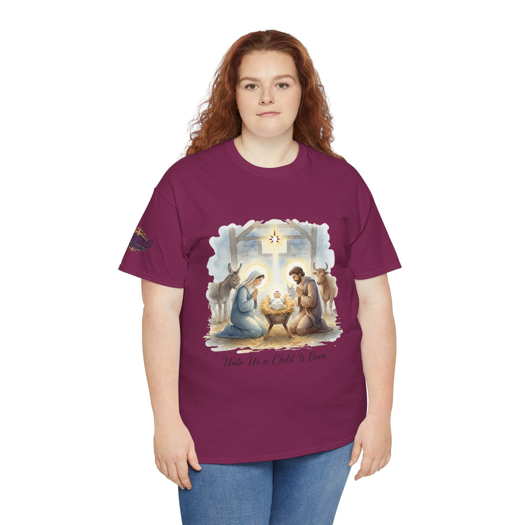 Unto Us a Child is Born T-shirt – Isaiah 9:6 Nativity Manger Scene Christian Christmas T-shirt for Holy Night Faith Printify