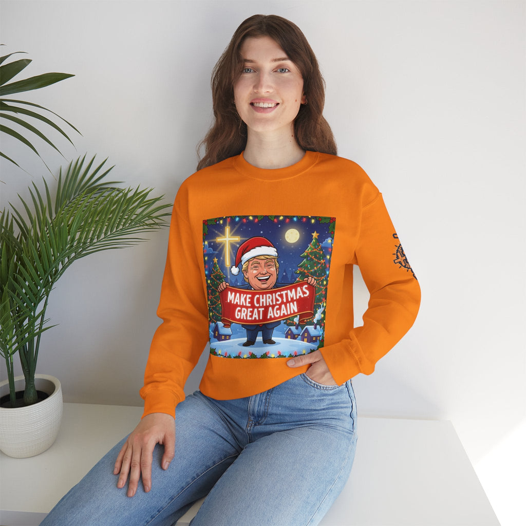 🎄 Make Christmas Great Again – Patriotic Christian Christmas Sweatshirt | Bold Holiday Faith Tee | Red & White Banner Design | Uplifted Gear Printify