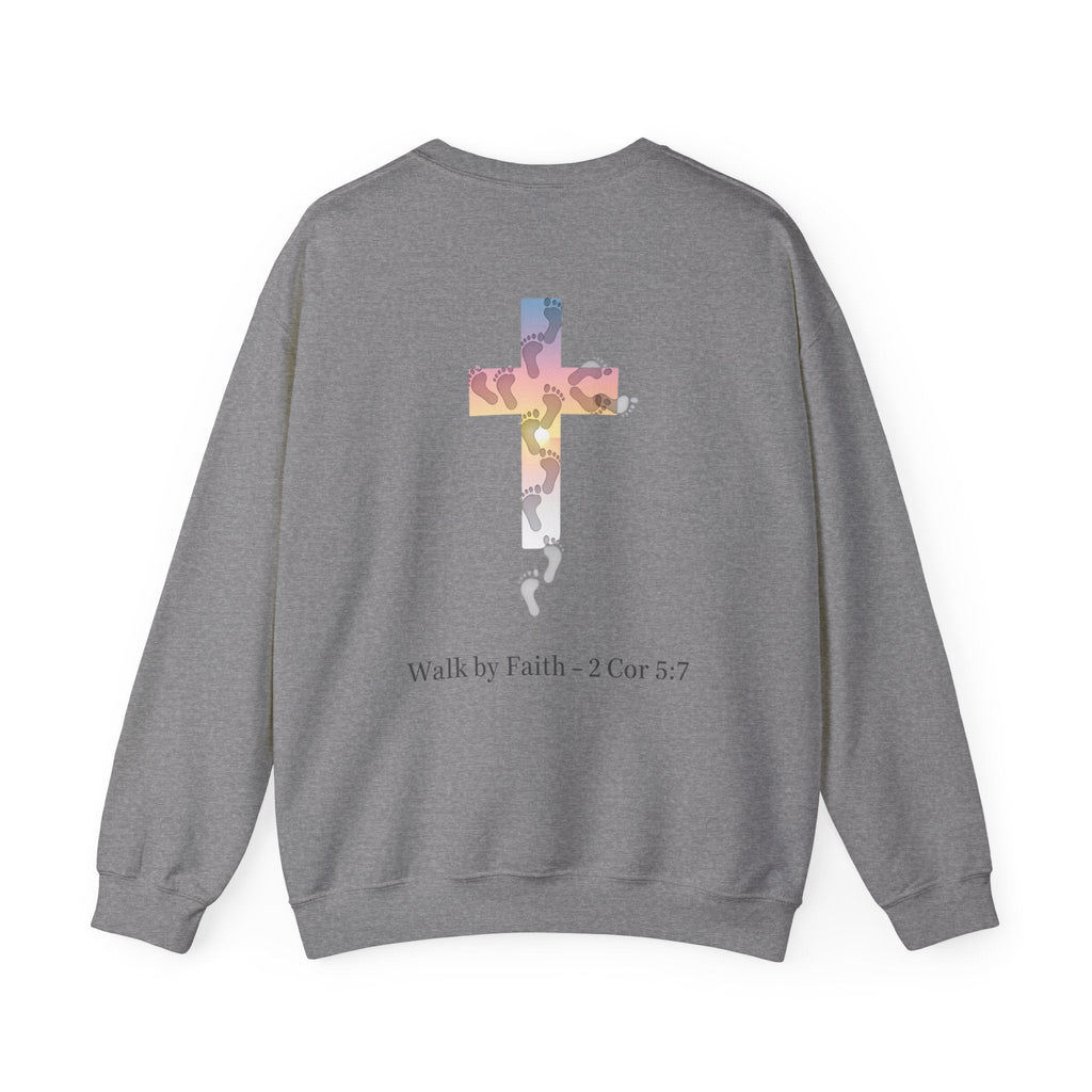 Walk by Faith Sweatshirt – Cross & Footprints Christian Sweatshirt for Cozy Inspiration Printify