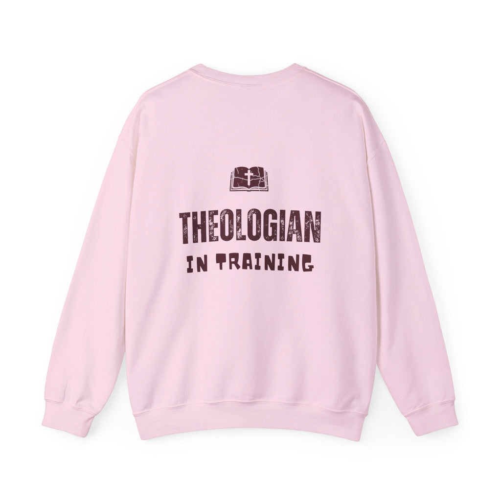Theologian in Training Sweatshirt – Open Bible & Cross Christian Sweatshirt for Faithful Growth Printify