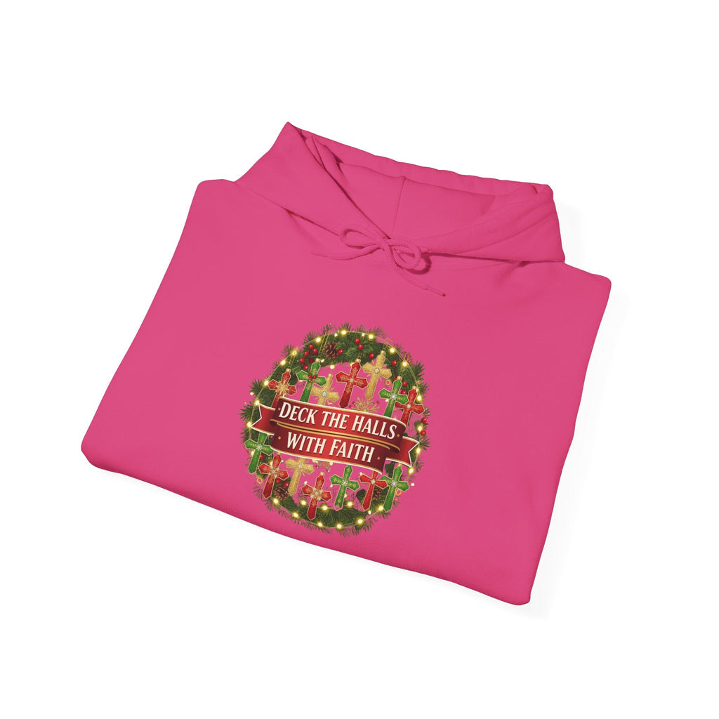🎄 Deck the Halls with Faith – Christian Christmas Hoodie | Cross Ornament Design & Festive Garland | Bold Holiday Faith Tee by Uplifted Gear Printify