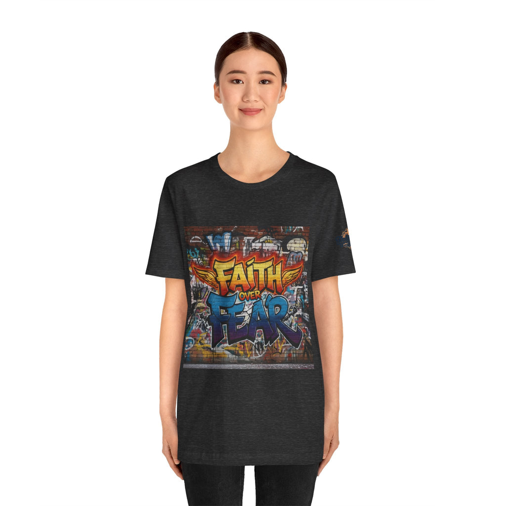 Faith Over Fear T-shirt – Graffiti Wall Christian T-shirt for Bold 2 Corinthians 5:7 Streetwear & Unshakable Faith Printify