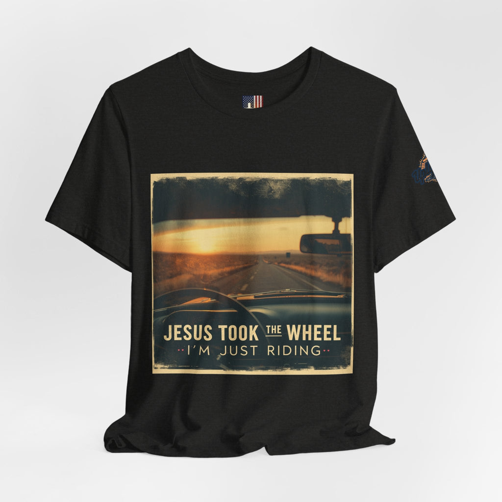 Jesus Took the Wheel I'm Just Riding T-shirt – Funny Christian Convertible Car T-shirt for Surrendered Faith & Humor Printify