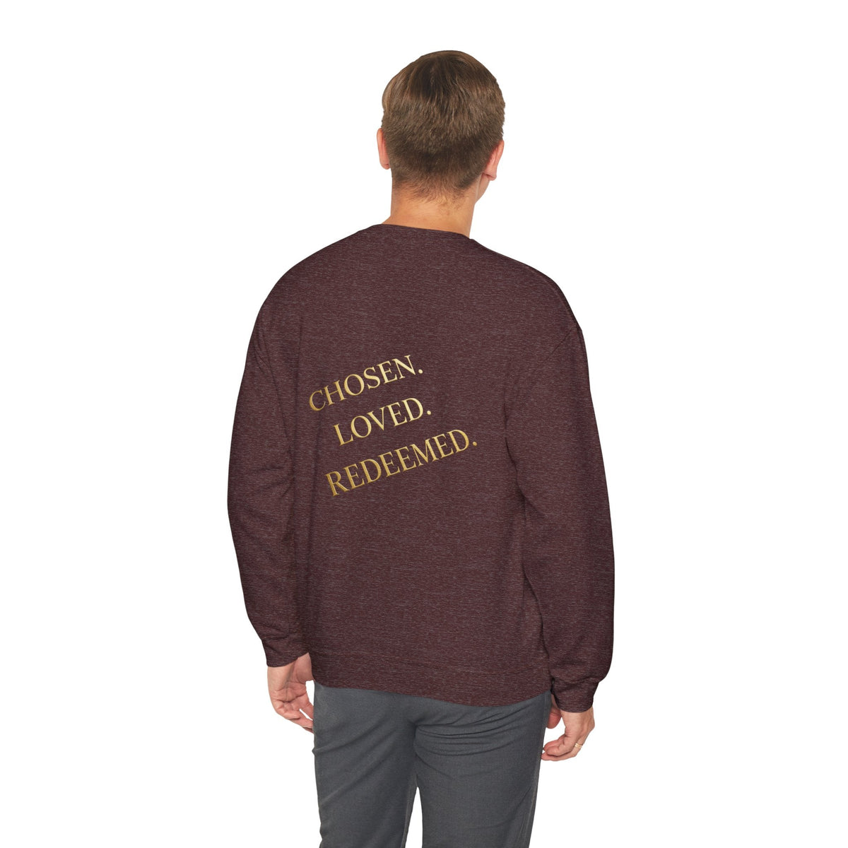 ✨ Chosen. Loved. Redeemed. – Elegant Christian Sweatshirt | Gold Foil Faith Tee | Subtle Cross & Heart Design | Inspirational Bible Verse Apparel by Uplifted Gear Printify