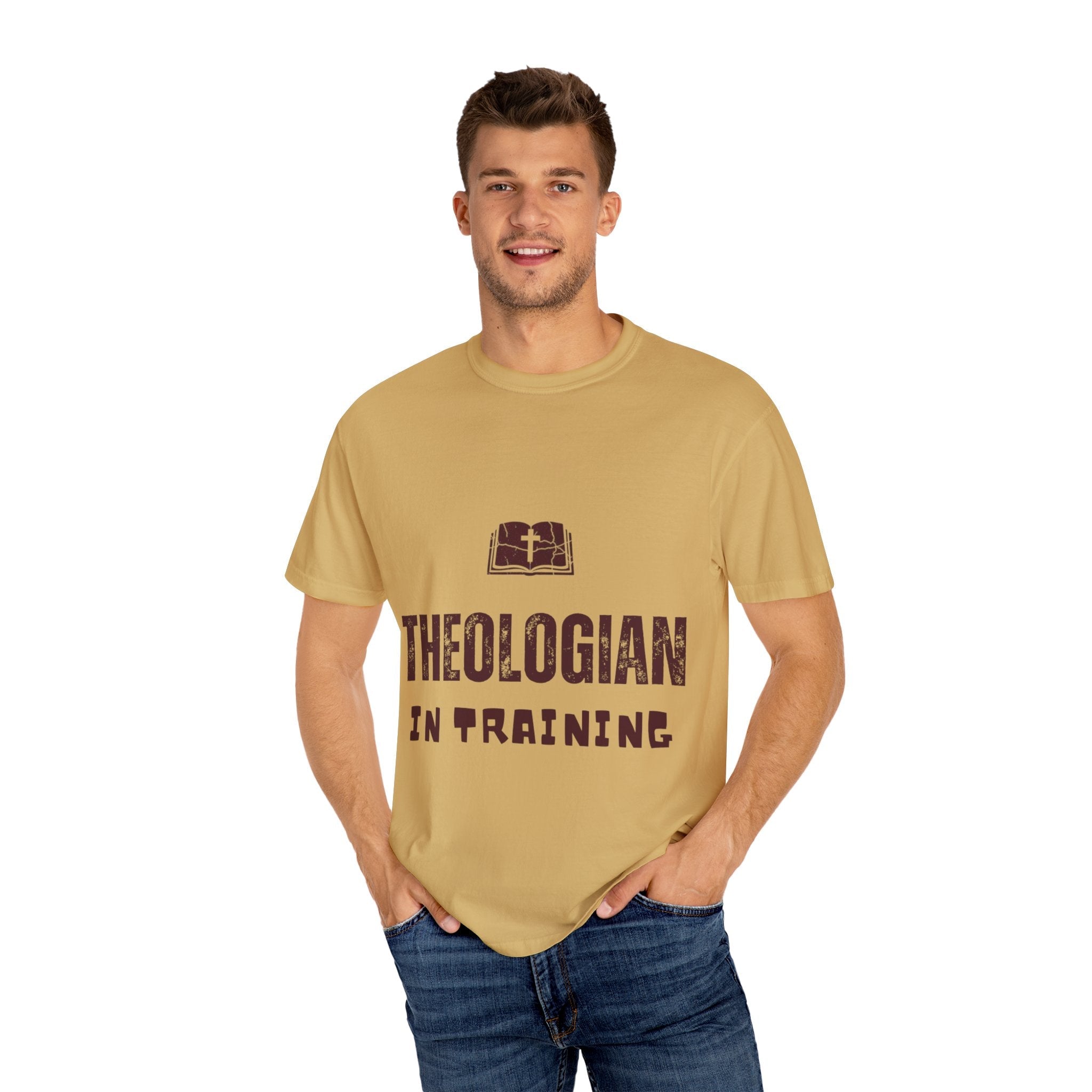 Theologian in Training T-Shirt – Open Bible & Cross Christian Tee for Faithful Learners Printify