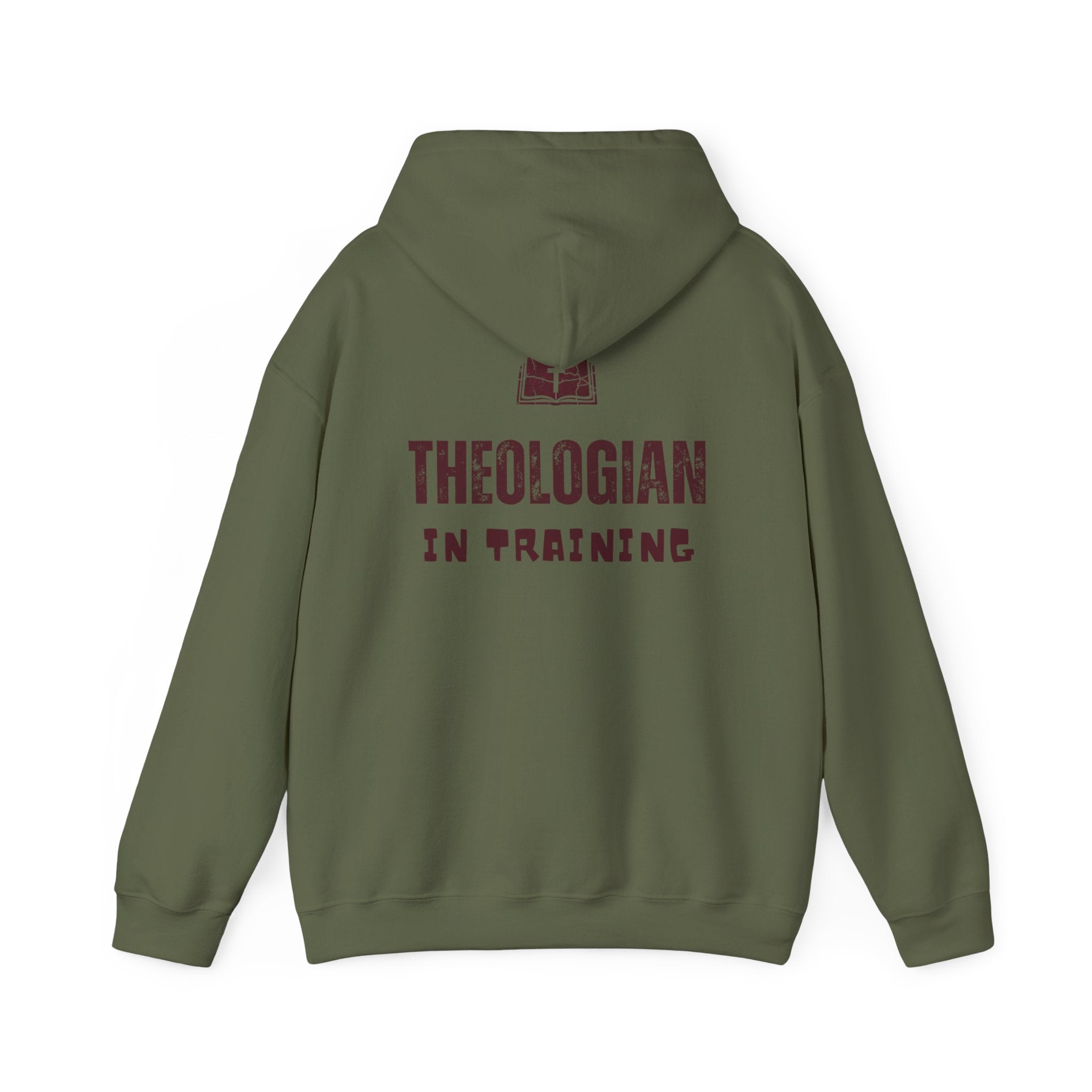Theologian in Training Hoodie – Open Bible & Cross Christian Hoodie for Faithful Growth Printify