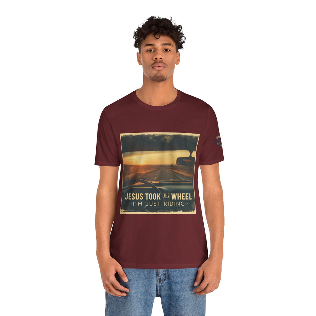 Jesus Took the Wheel I'm Just Riding T-shirt – Funny Christian Convertible Car T-shirt for Surrendered Faith & Humor Printify