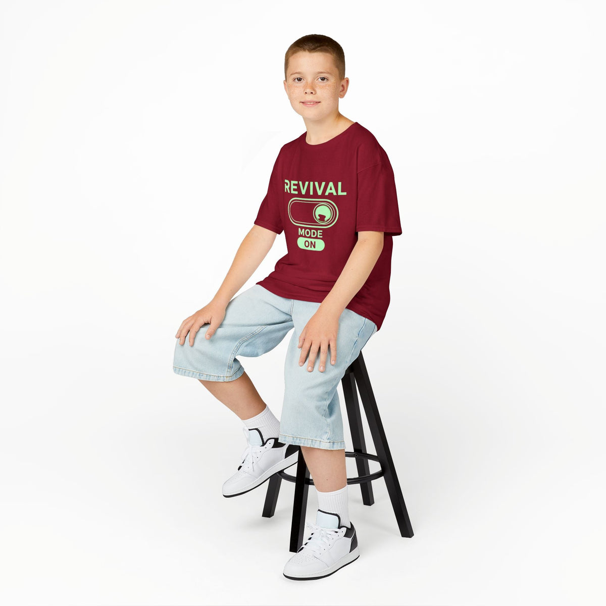 🔥 Revival Mode: ON – Christian Techwear Kids T-Shirt | Glowing Green Faith Switch | Futuristic Jesus Shirt | Activate Your Spiritual Awakening | Uplifted Gear Printify