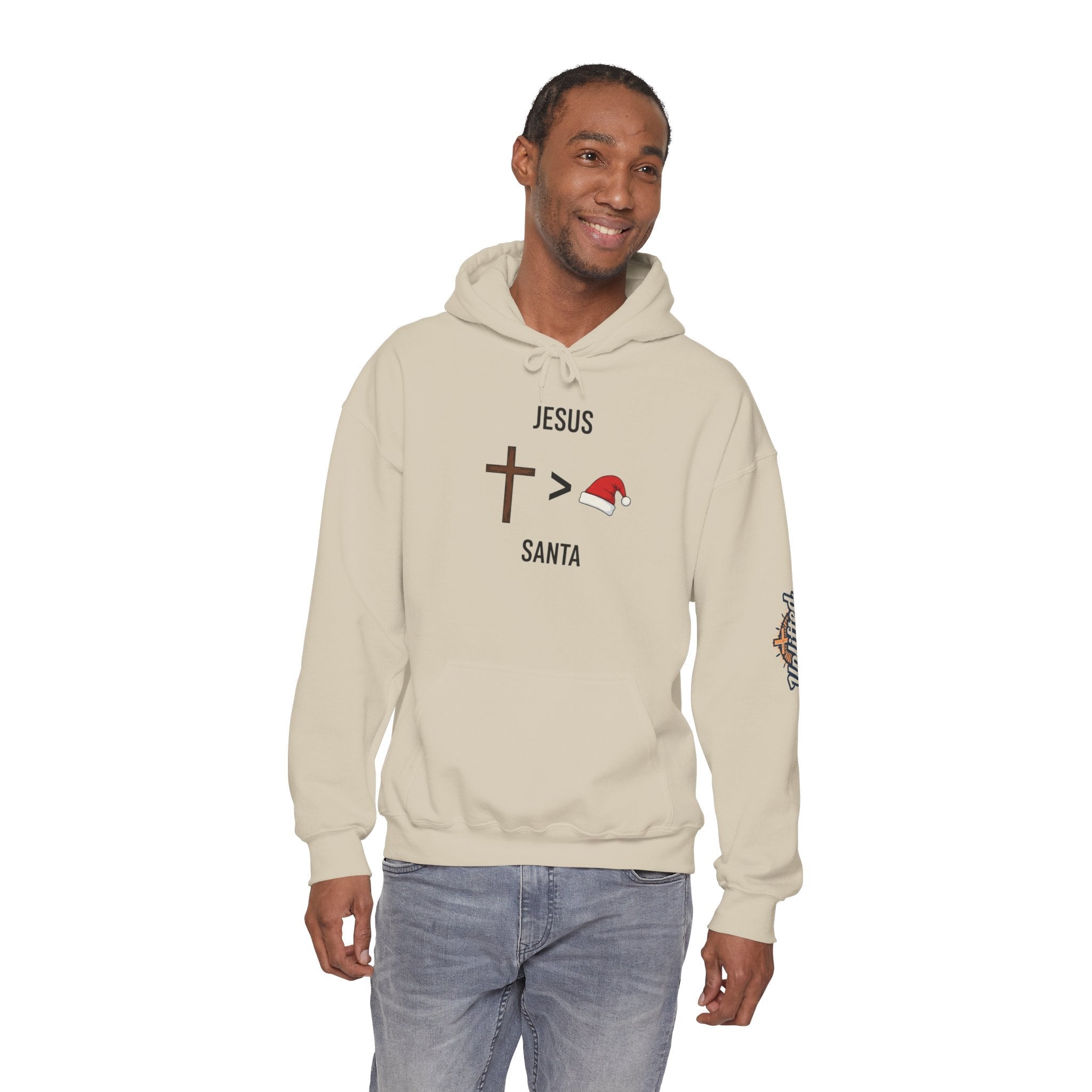 🎄 Jesus > Santa – Minimalist Christian Christmas Hoodie | Bold Faith Over Holiday Tee | Cross vs Santa Hat Design | Uplifted Gear Printify