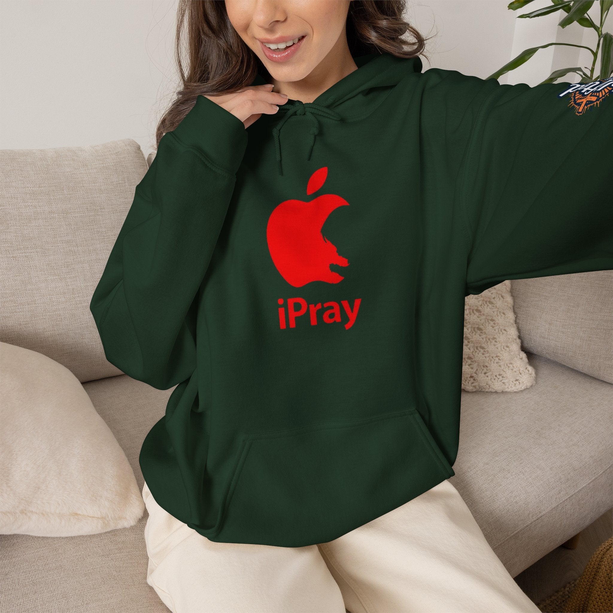 iPray Apple Logo Hoodie — Funny Christian Hoodie (Minimal Red Apple Graphic) Printify
