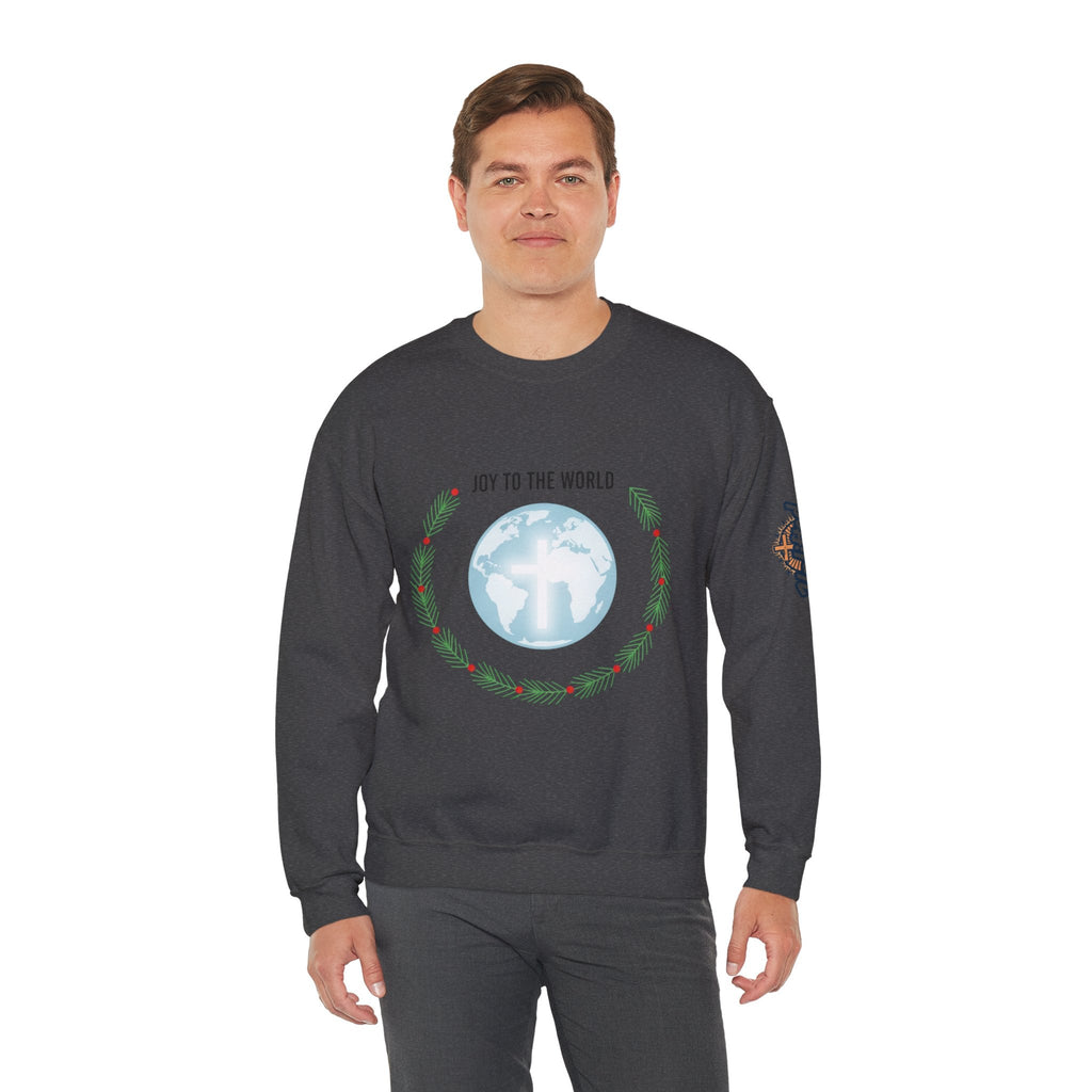 Joy to the World Sweatshirt – Wreath Earth Nativity Christian Christmas Sweatshirt for Isaiah 9:6 Holiday Faith & Festive Joy Printify