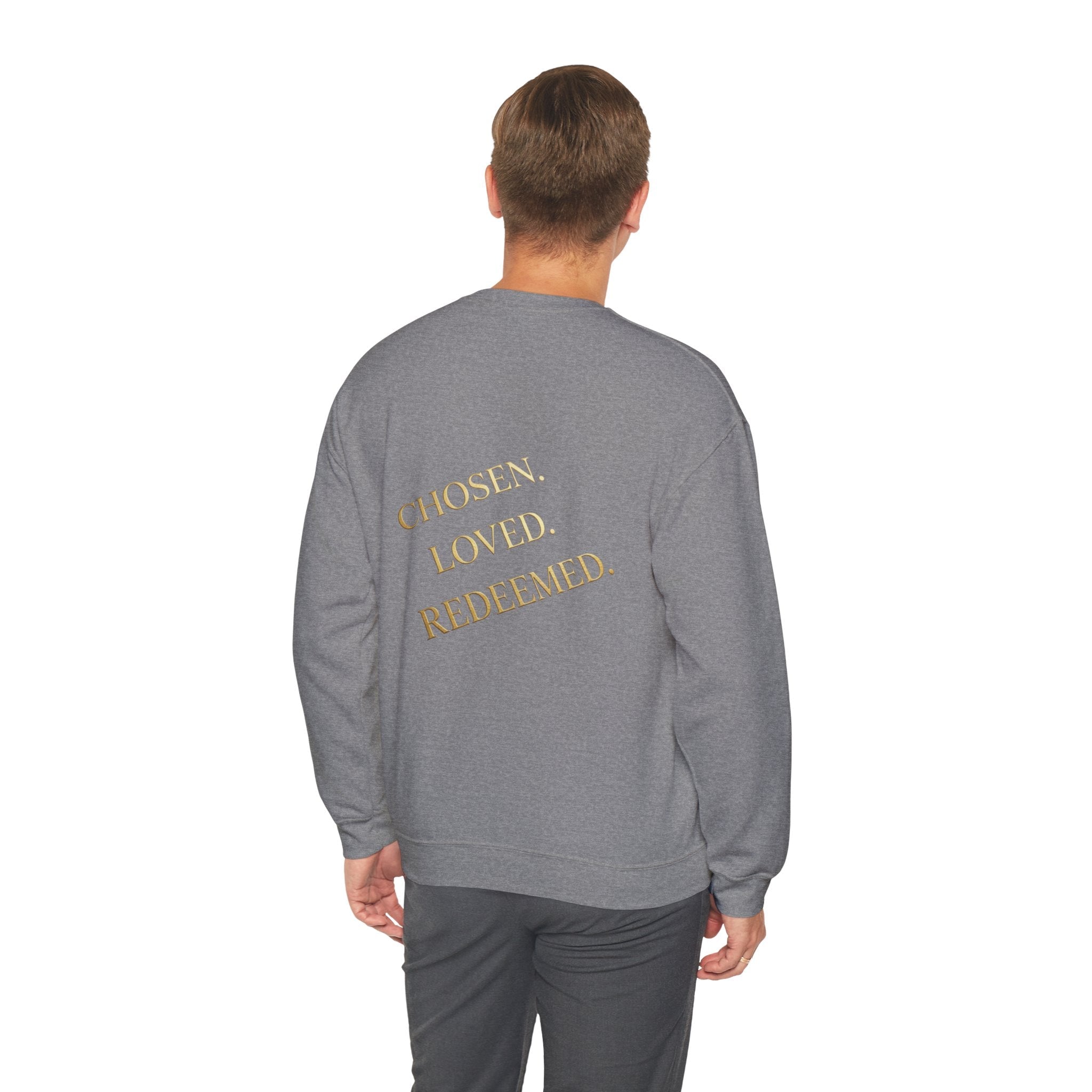 ✨ Chosen. Loved. Redeemed. – Elegant Christian Sweatshirt | Gold Foil Faith Tee | Subtle Cross & Heart Design | Inspirational Bible Verse Apparel by Uplifted Gear Printify