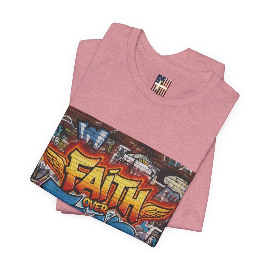Faith Over Fear T-shirt – Graffiti Wall Christian T-shirt for Bold 2 Corinthians 5:7 Streetwear & Unshakable Faith Printify
