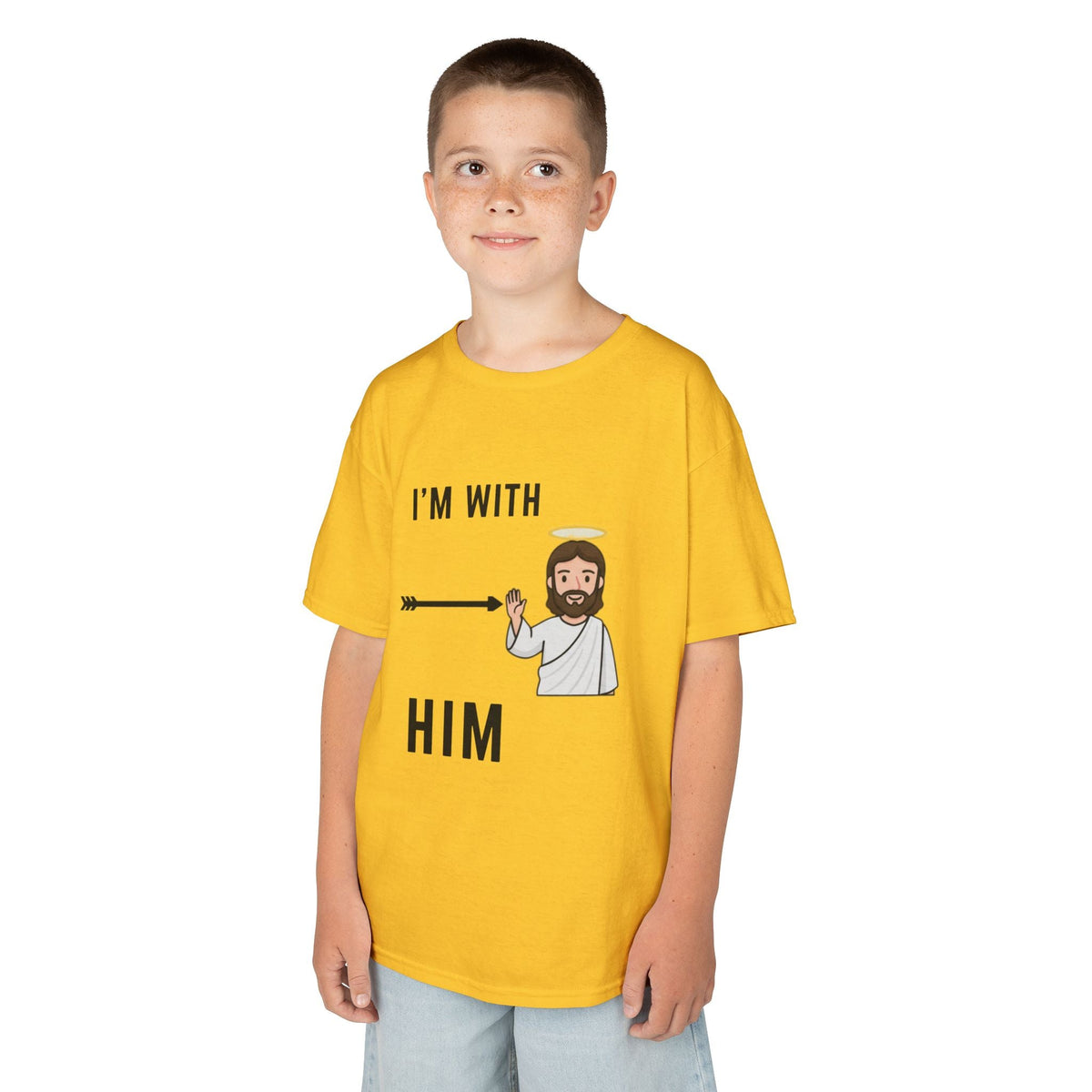 🔥 I’m With Him → Christian Kids T-Shirt | Arrow Pointing to Jesus | Minimalist Faith Tee | Subtle Cross Design | Bible-Inspired Apparel by Uplifted Gear Printify