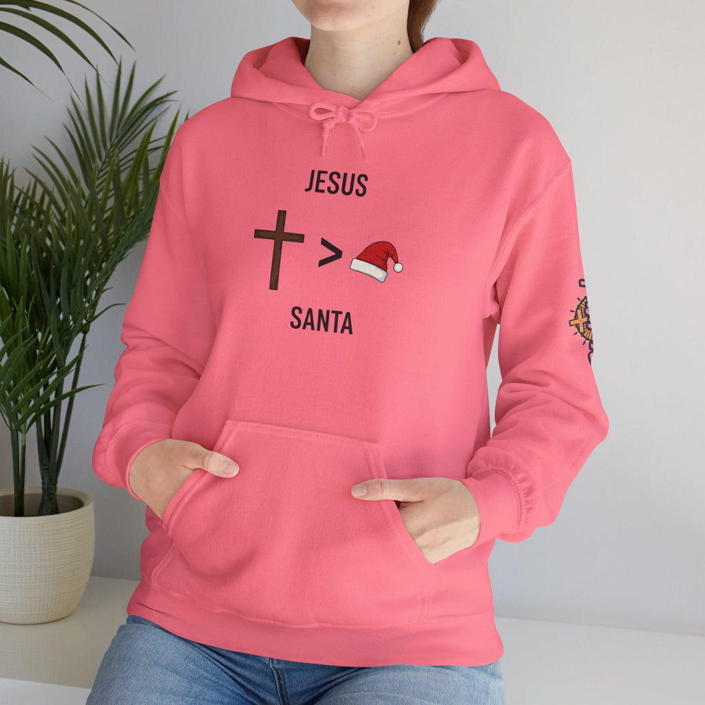 🎄 Jesus > Santa – Minimalist Christian Christmas Hoodie | Bold Faith Over Holiday Tee | Cross vs Santa Hat Design | Uplifted Gear Printify