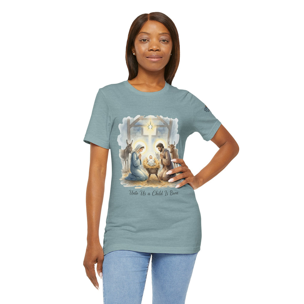 Unto Us a Child is Born T-shirt – Isaiah 9:6 Nativity Manger Scene Christian Christmas T-shirt for Holy Night Faith Printify