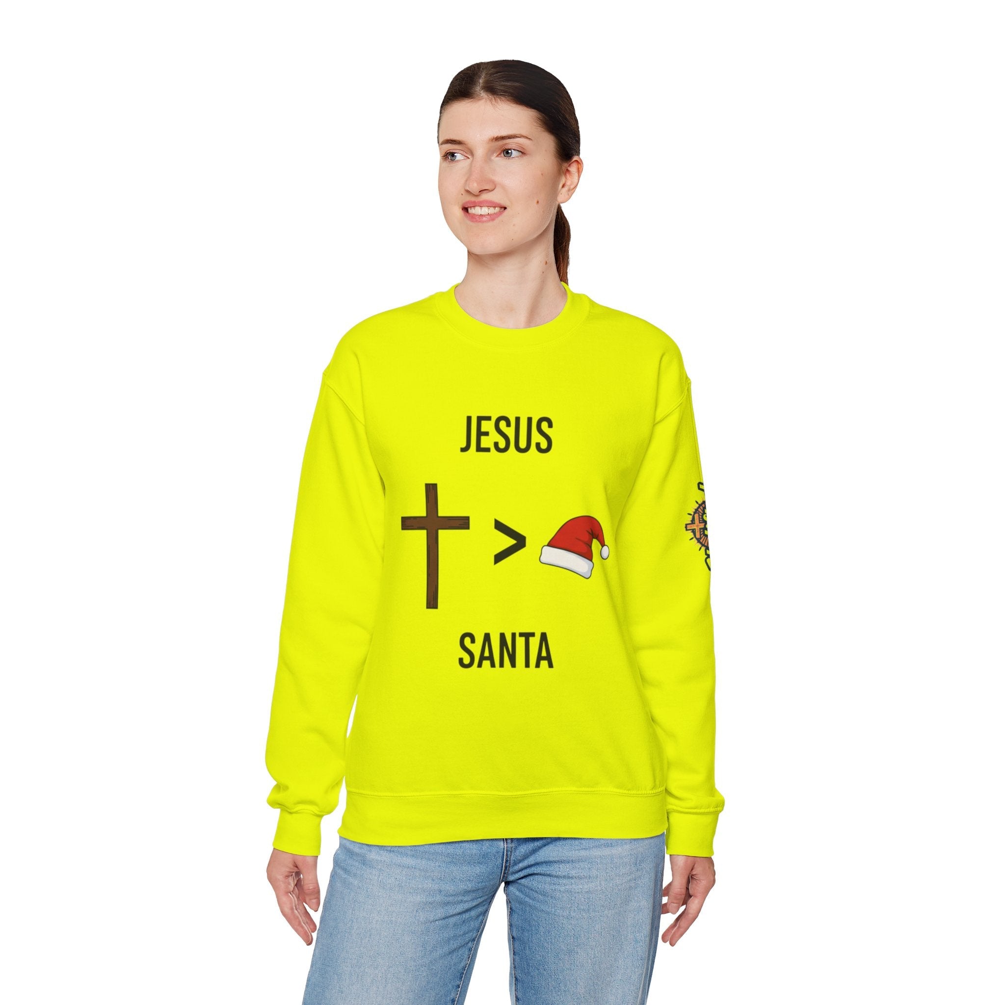 🎄 Jesus > Santa – Minimalist Christian Christmas Sweatshirt | Bold Faith Over Holiday Tee | Cross vs Santa Hat Design | Uplifted Gear Printify
