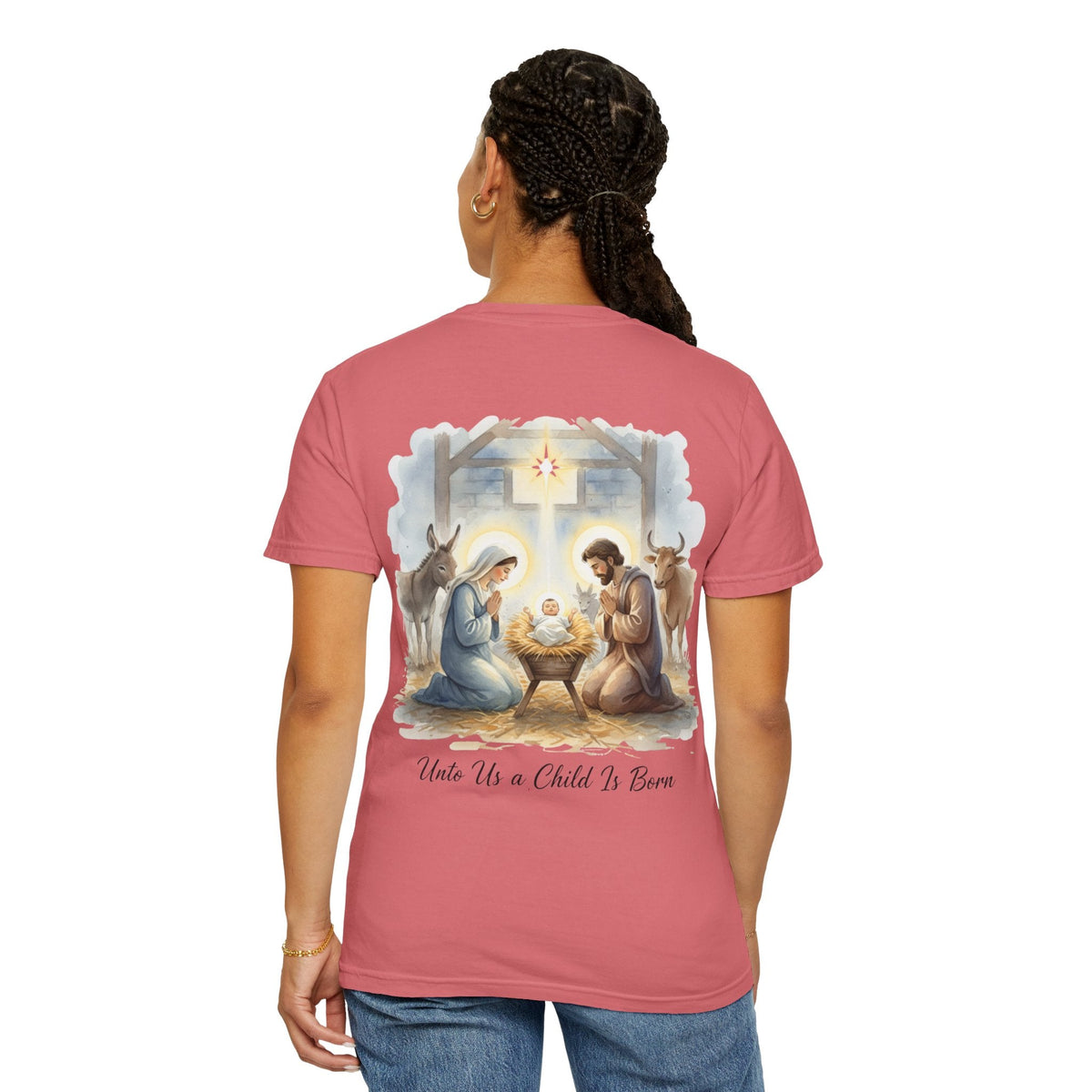 Unto Us a Child is Born T-shirt – Isaiah 9:6 Nativity Manger Scene Christian Christmas T-shirt for Holy Night Faith Printify