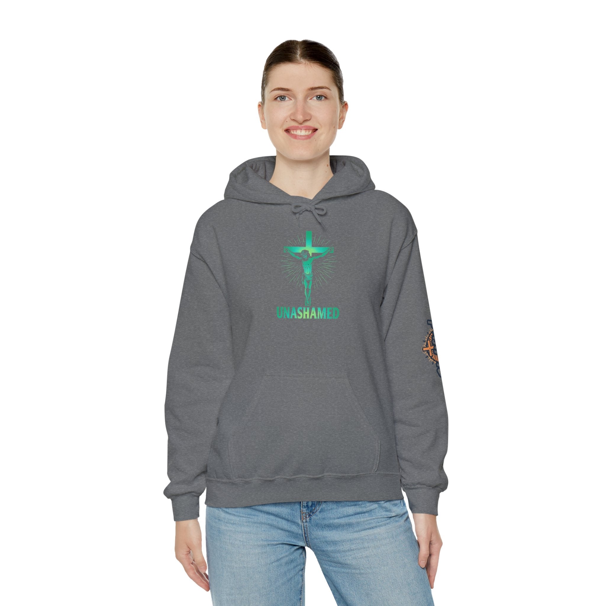 Unashamed Hoodie – Romans 1:16 Crucifixion Christian Hoodie for Bold Unwavering Faith Printify