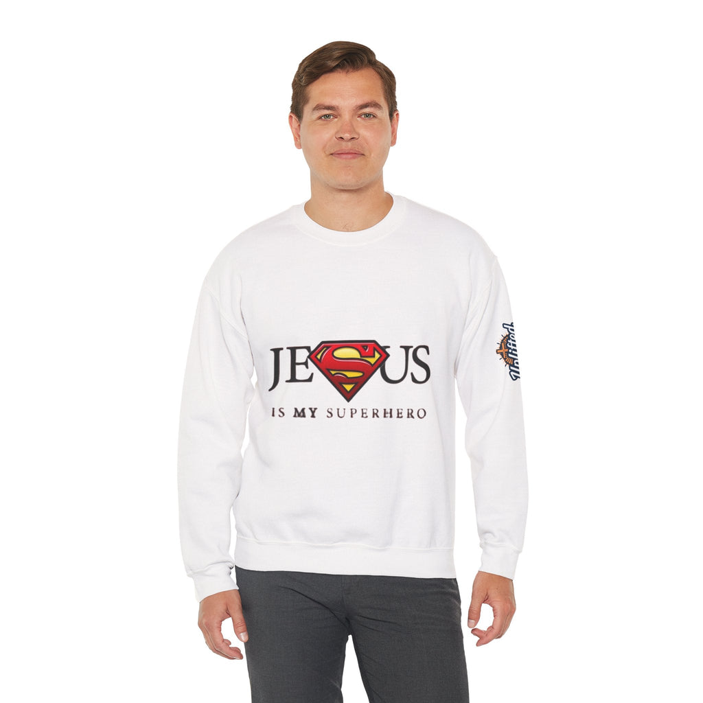 Jesus Is My Superhero Crewneck Sweatshirt Printify