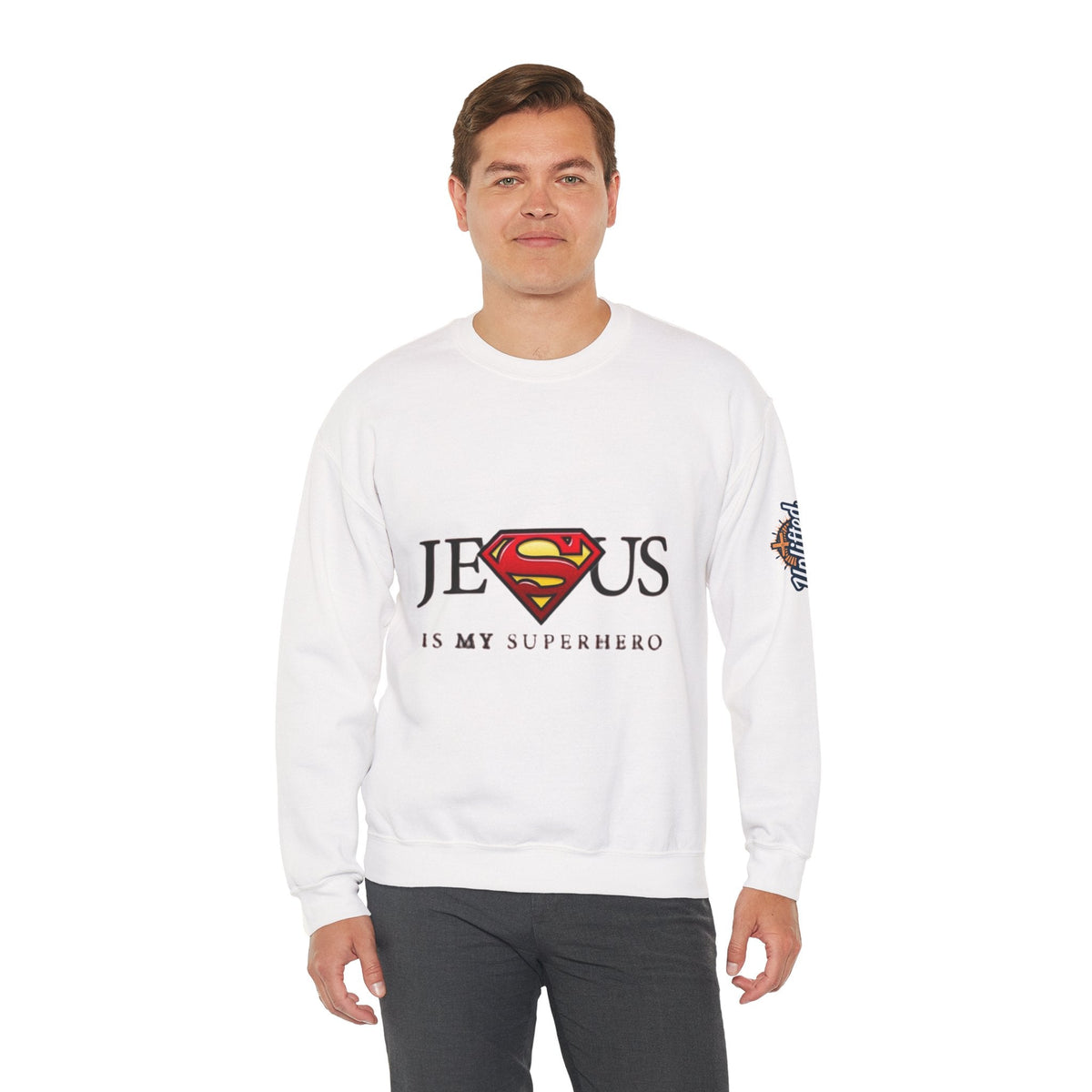 Jesus Is My Superhero Crewneck Sweatshirt Printify