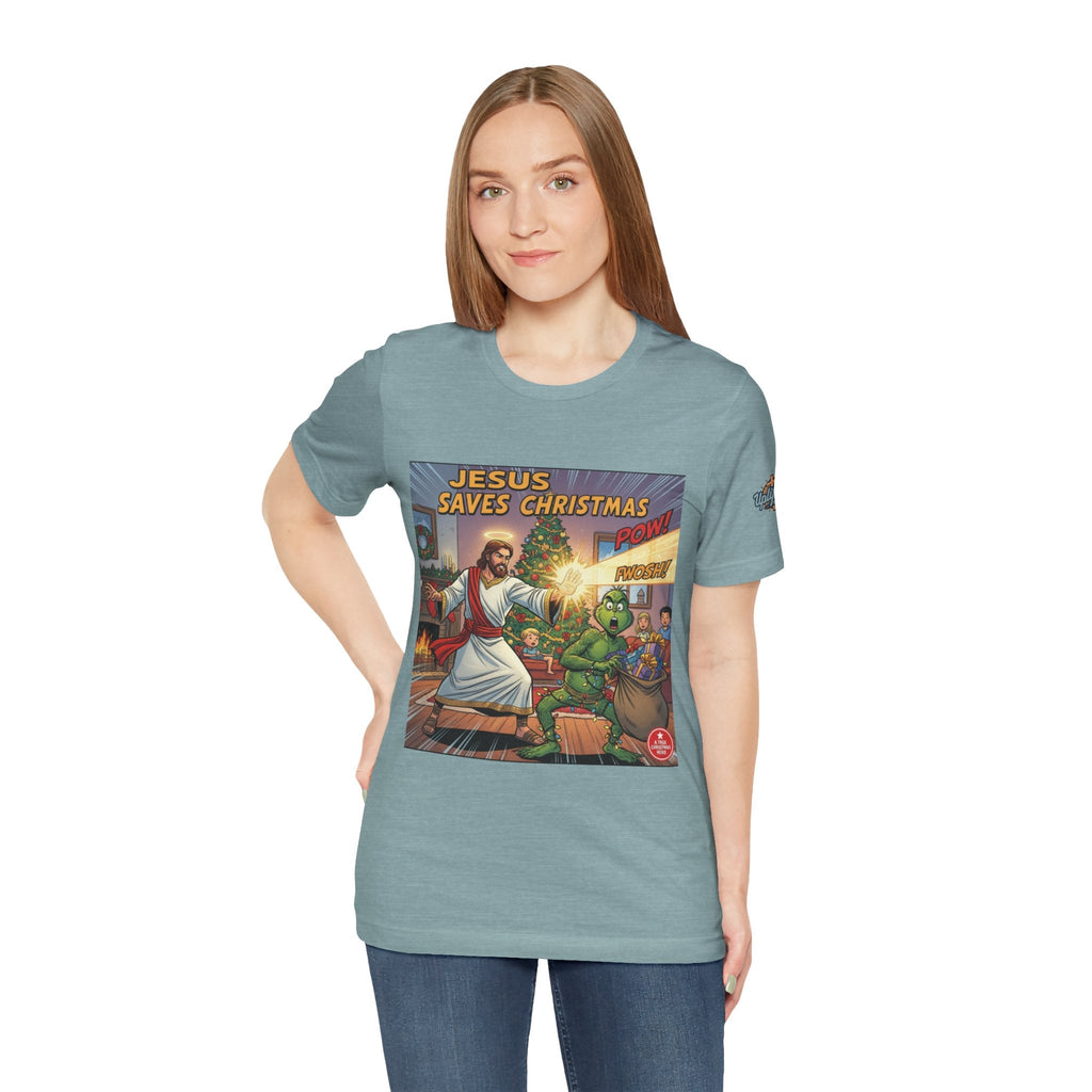 Jesus Saves Christmas T-shirt – Grinch vs Savior Light Battle Christian T-shirt for Hilarious Holiday Faith & True Joy Printify