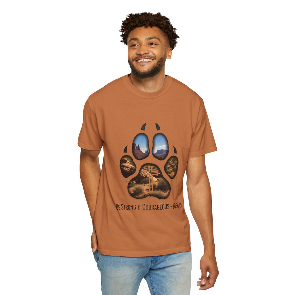 Strong and Courageous T-Shirt – Canine Pawprint Desert Joshua 1:9 Christian Tee Printify