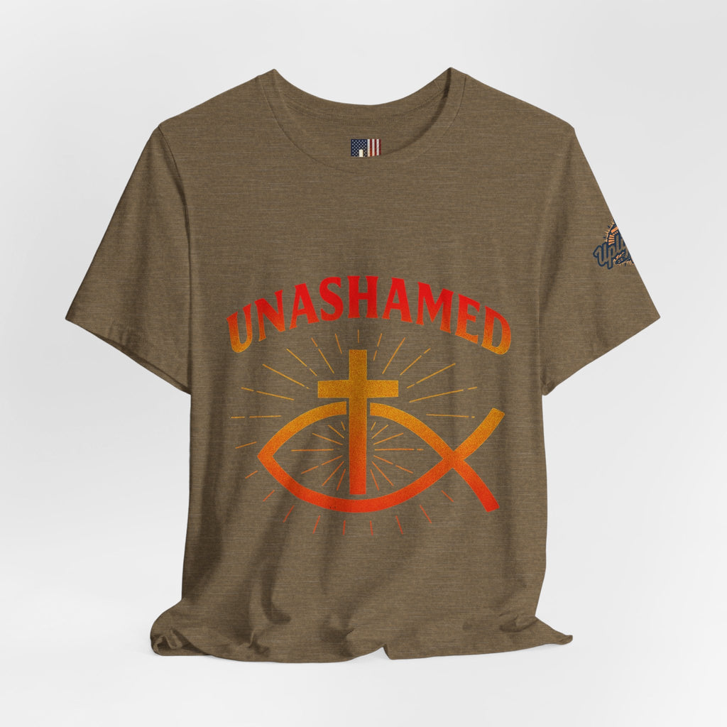 Unashamed T-shirt – Ichthys Jesus Fish & Cross Christian T-shirt for Romans 1:16 Bold Faith Printify