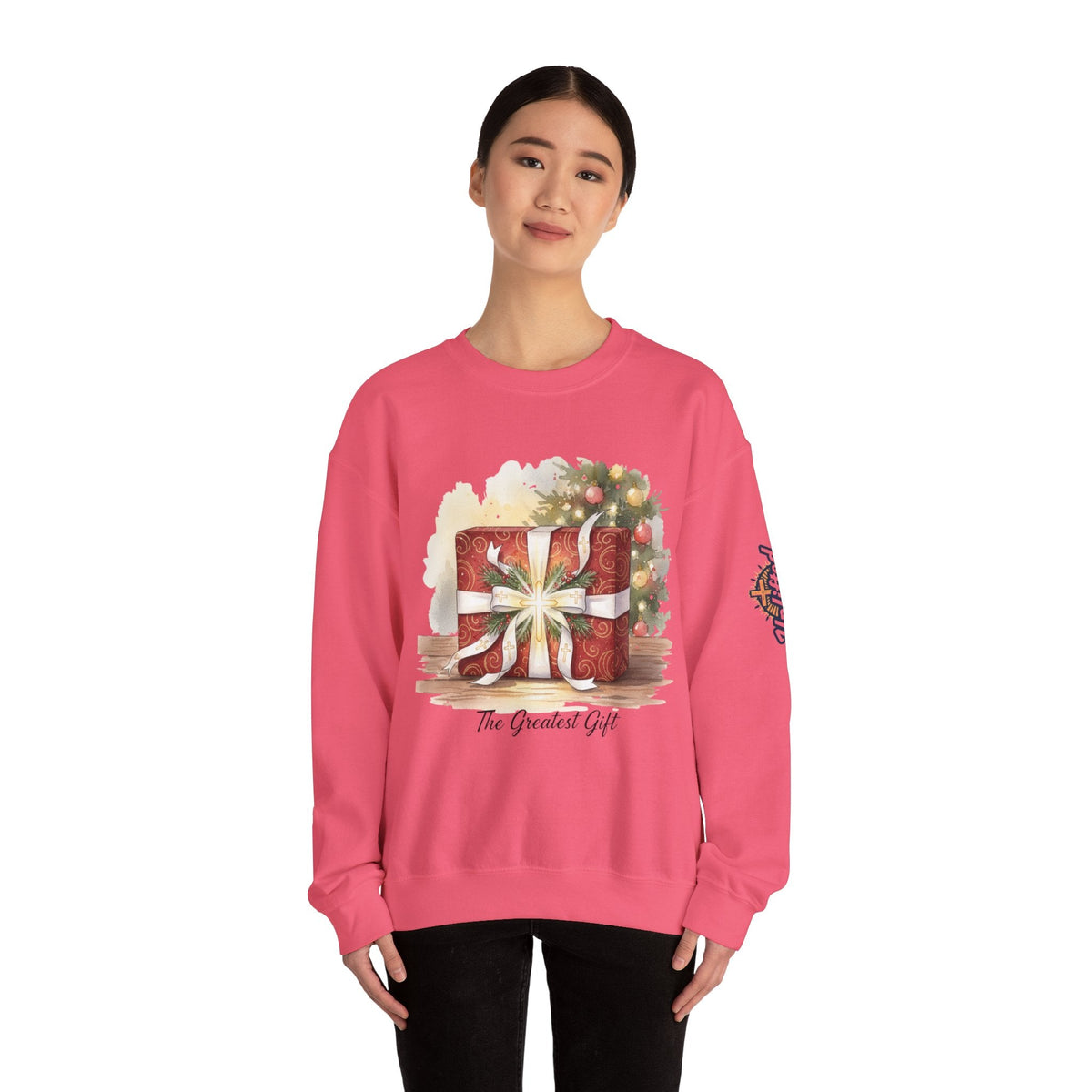 The Greatest Gift Sweatshirt – Cross Bow Present Christian Sweatshirt for Christmas Salvation & Eternal Faith Printify