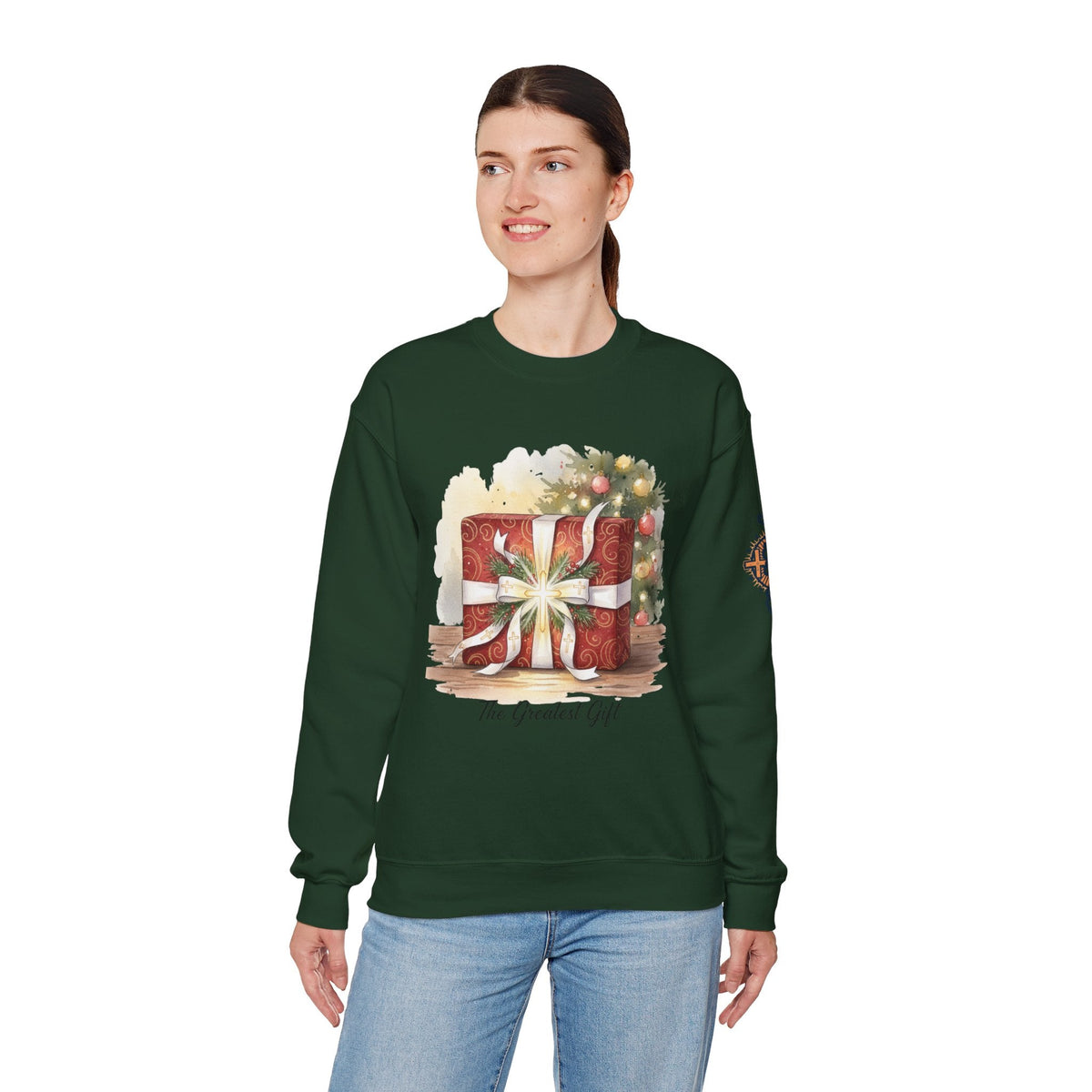 The Greatest Gift Sweatshirt – Cross Bow Present Christian Sweatshirt for Christmas Salvation & Eternal Faith Printify